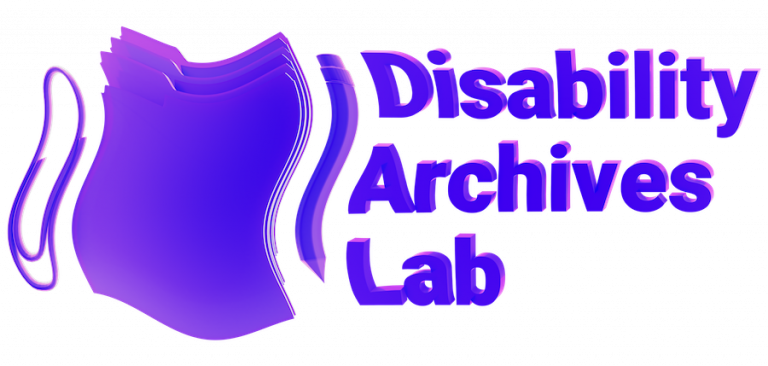 a purple and blue 3D paperclip, stack of folders, and pencil wiggling in parallel with 3D text, “Disability Archives Lab”