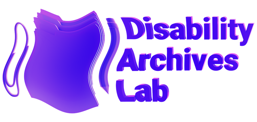a purple and blue paperclip, stack of folders, and pencil wiggling in parallel. Text reads Disability Archives Lab