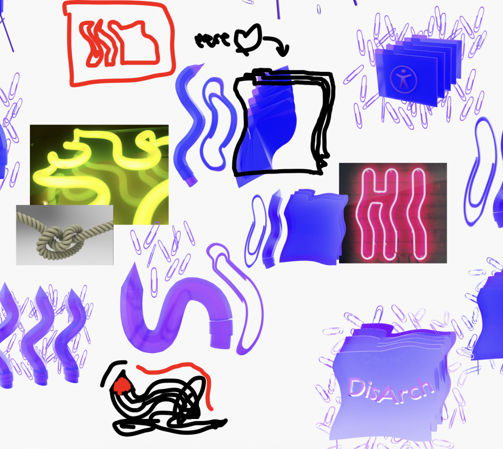 The screenshot of the collaborative and iterative process of designing the Disability Archives Lab Logo: A digital collage of wiggly 3D blue and purple folders, pencils, and paperclips that Nat produced mixed with other illustrations / images such as neon signs, tied rope, notes, and digital drawings on top of them. They show the evolution of the Disability Archives Lab logo with different shapes and colors and inspired by other imagery.