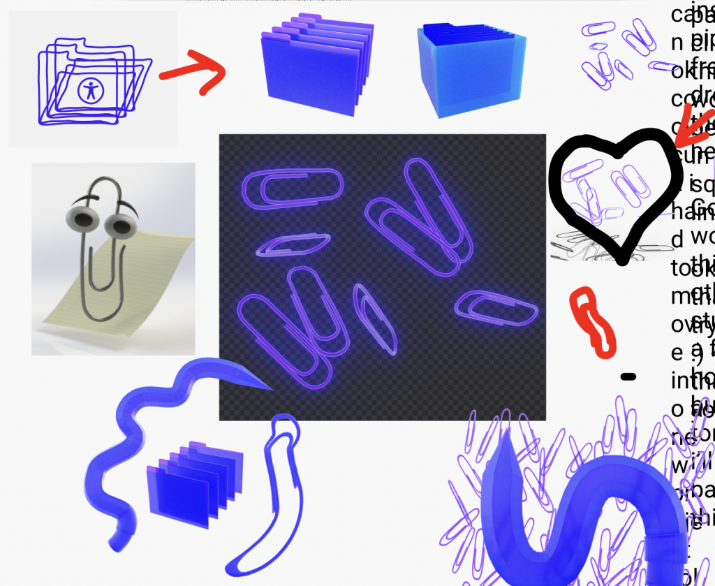 The screenshot of the collaborative and iterative process of designing the Disability Archives Lab Logo: A digital collage of wiggly 3D blue and purple folders, pencils, and paperclips that Nat produced, featuring different iterations of file folders, glowing paperclips in different formations, and an image of Microsoft Clippy. These are overlayed with arrows, hearts, and notes, suggesting which ones are preferred.