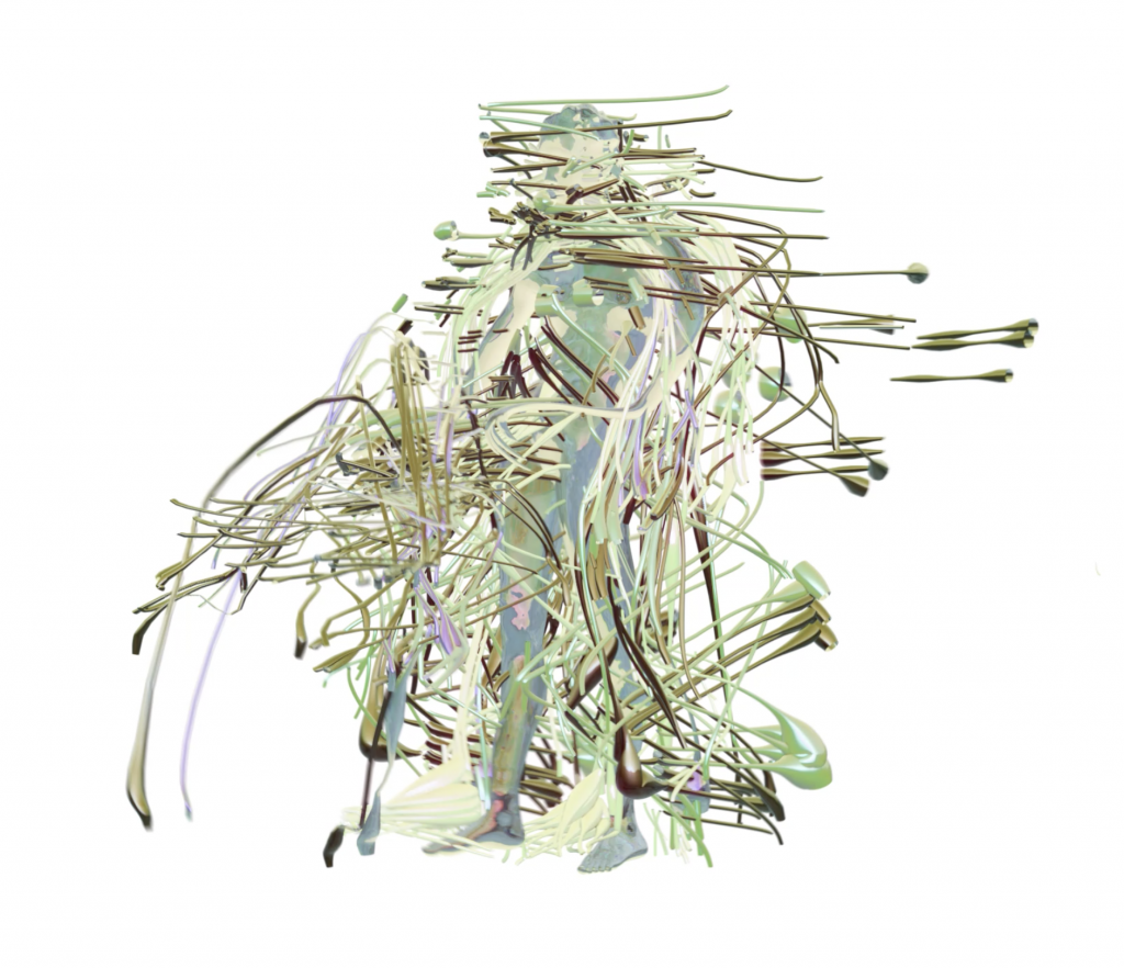 A screenshot of a 3D CG animation of an abstract green sinewy figure walking with arms that reach forward, intersecting with many tubes and forming two front appendages which take steps in tandem with the legs. Tubes repeat and flair off the back of the figure which floats on a white background.