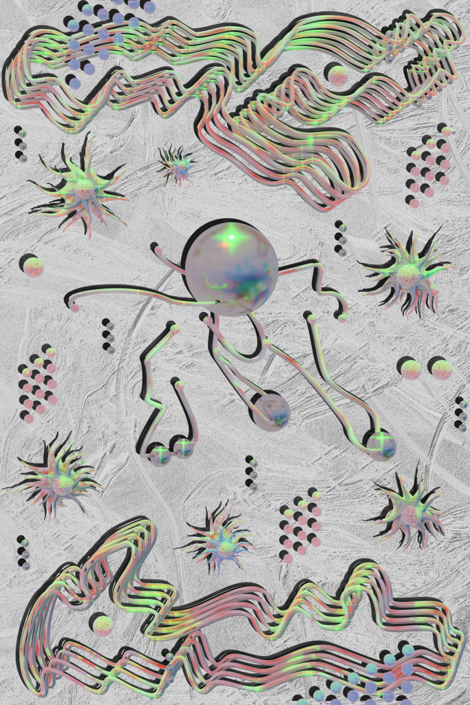 A digital design of an abstract mobility device of sparse iridescent metal tubes and a reflective orb surrounded by swirls, repeating tubes, reflective orbs, and starts over a textured gray background. The top and bottom are framed by repeating swirled loops of tubes that reflect pink and green.